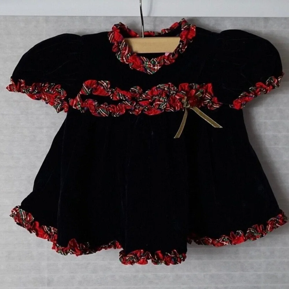 Vintage Primrose Pink Velvet Dress Kids 6 9M Plaid Ruffle Holiday Coquette